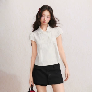 umoumo乌蘑夏季甜美慵懒娃娃领双排扣条纹宽松显瘦文艺风10848