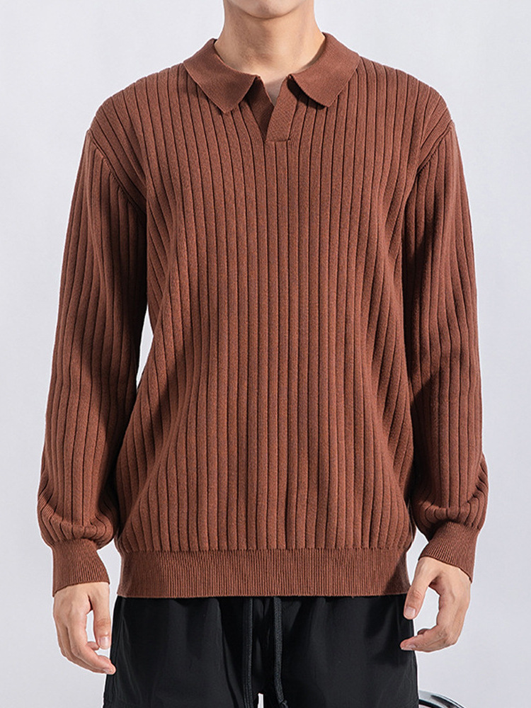 Hombres otoño y invierno nuevo cuello gaviota Polo suéter camiseta de punto lujoso de alta calidad delgado con la tapa de la camiseta a rayas para hombres