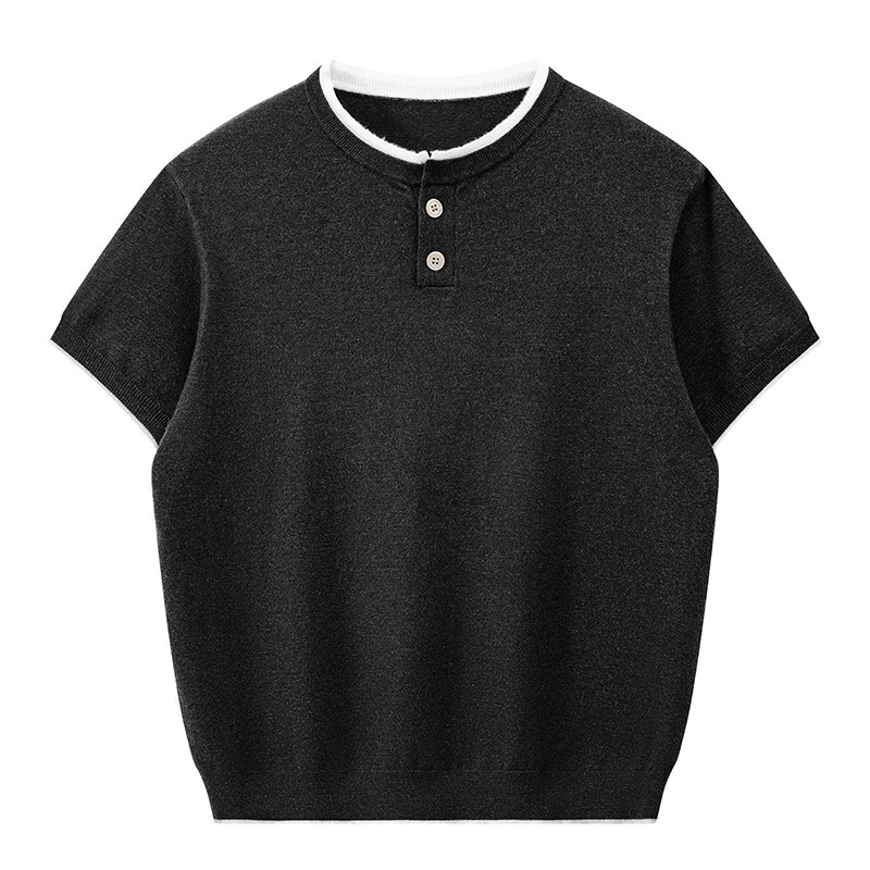 ZH8102-B男女同款潮牌拼接时尚通勤假两件亨利领针织短袖T恤，男装针织衫/毛衣，星座614