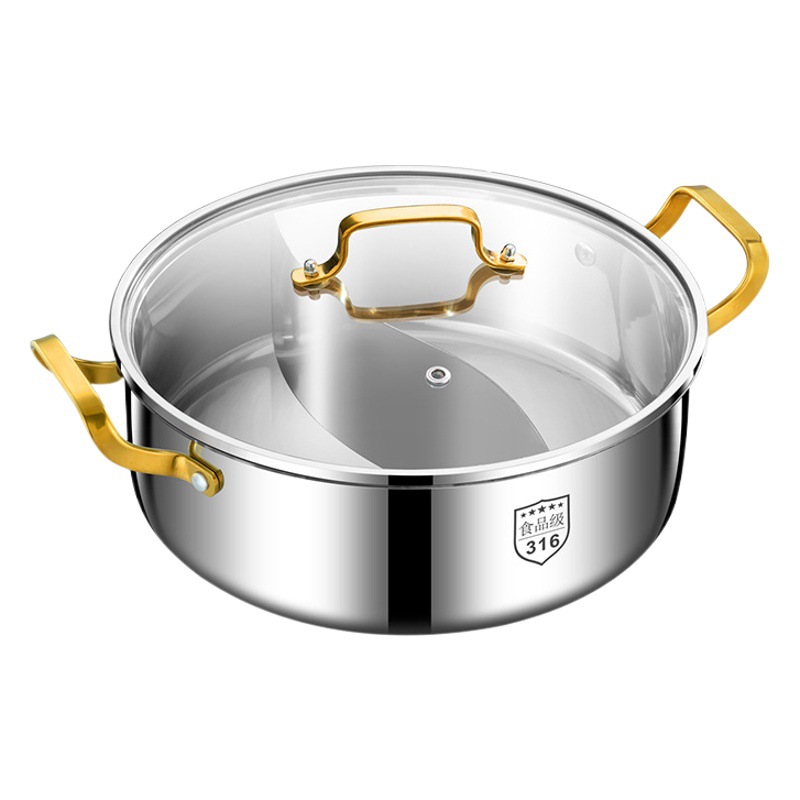 Proud 316L Stainless Steel Thickened Seven-Layer Steel Yuanyang Qing Soup Pot Golden Binaural Soup Pot Commercial Induction Cooker Hot Pot