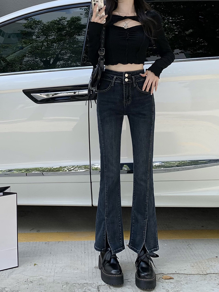 Pear Shape Figure plus size High Waist Split Micro-flared Jeans Women's Spring New Hot Girl Tight Slim Straight Pants