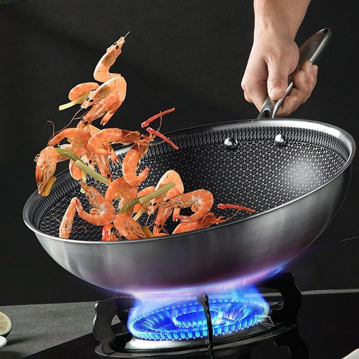 304 Stainless Steel Uncoated Wok Household Antibacterial Wok Flat Bottom with Lid Universal Gas Honeycomb Hot Pot