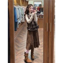 秋装搭配一整套高级感独特漂亮旅游风复古格子马甲半身裙三件套女