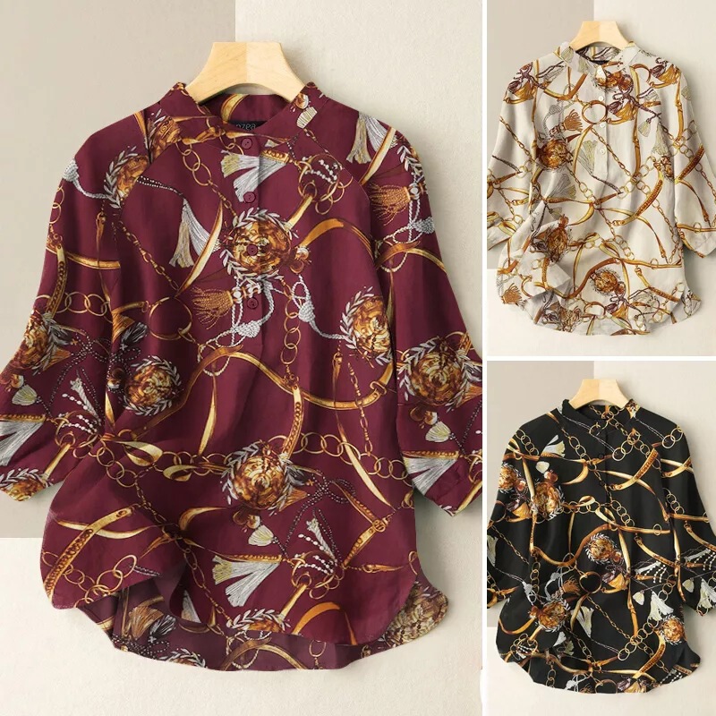 2022 Spring New Women's Casual Loose Printed 3/4 Lantern Sleeve Shirt Top