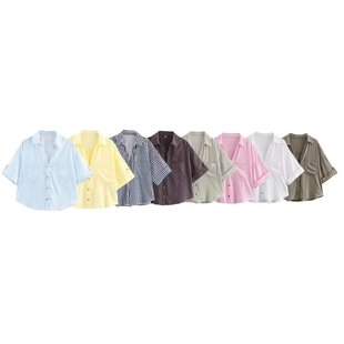 Foreign trade list! Summer New Women's Clothing European and American Style Hemp Blend Pocket Single-breasted Short Shirt 8240484