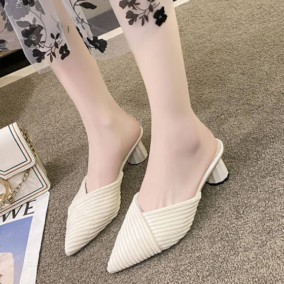 Jinbukang Fitting Room Baotou Half Slippers Women's Summer Outerwear Women's Pointed Toe High Heels Fashionable Lazy Sandals and Slippers Half