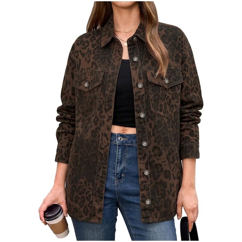 American retro-style leopard-print jacket, denim outerwear, 2026 autumn new collection, loose and comfortable, versatile top for women American retro-style leopard-print jacket, denim outerwear, 2026 autumn new collection, loose and comfortable, versatile top for women