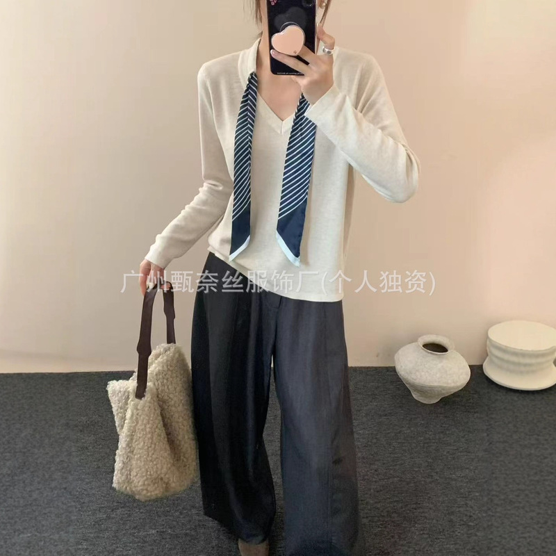 25年流行条纹丝巾飘带v领针织背心夏季女款减龄设计感学院风上衣|undefined