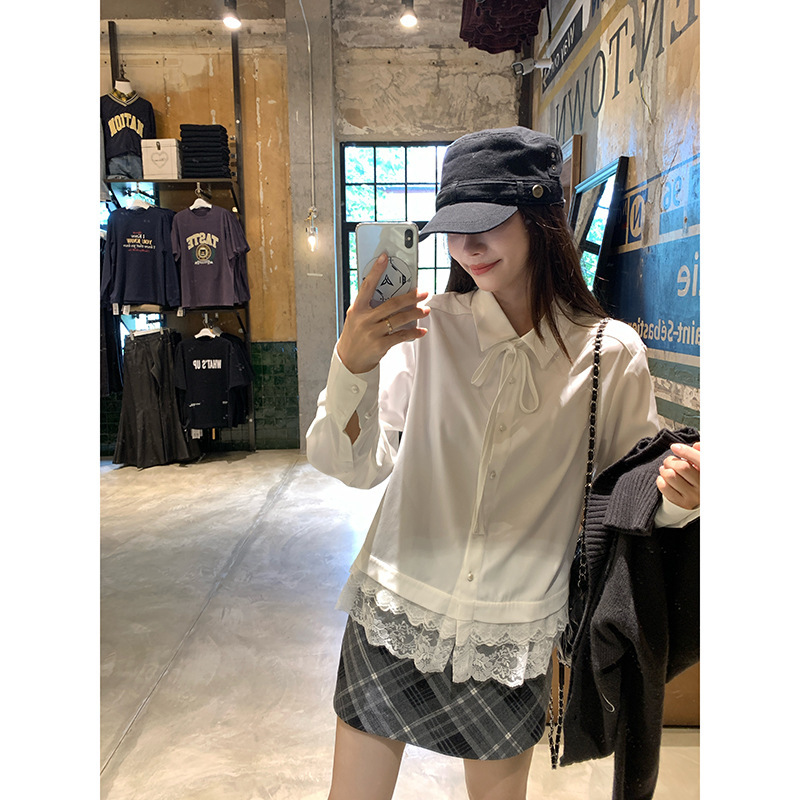 Baishuwang Three-Layer Lace Splicing Bow White Shirt Women's Spring Loose High-End Design Shirt