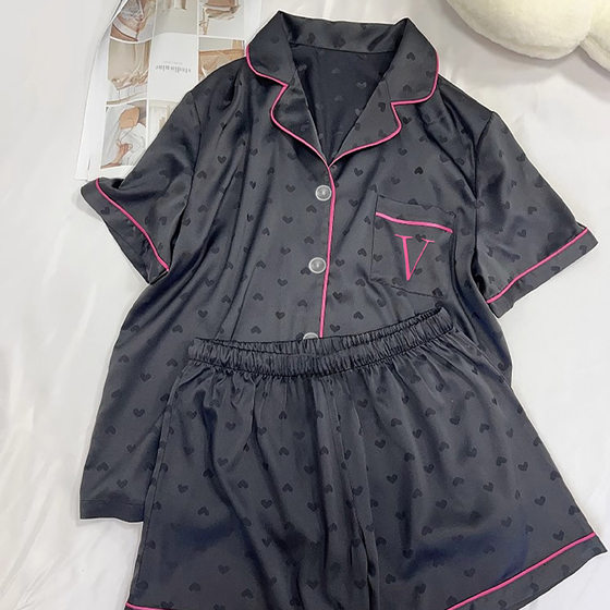 Summer pajamas women's ice silk cool short sleeve high-end black love can be worn outside home clothes fashion suit wholesale