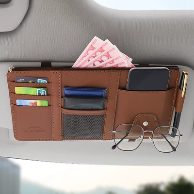Card Holder Storage Bag Document – Car Glasses Clip/Bill Clip - brown-with-zipper