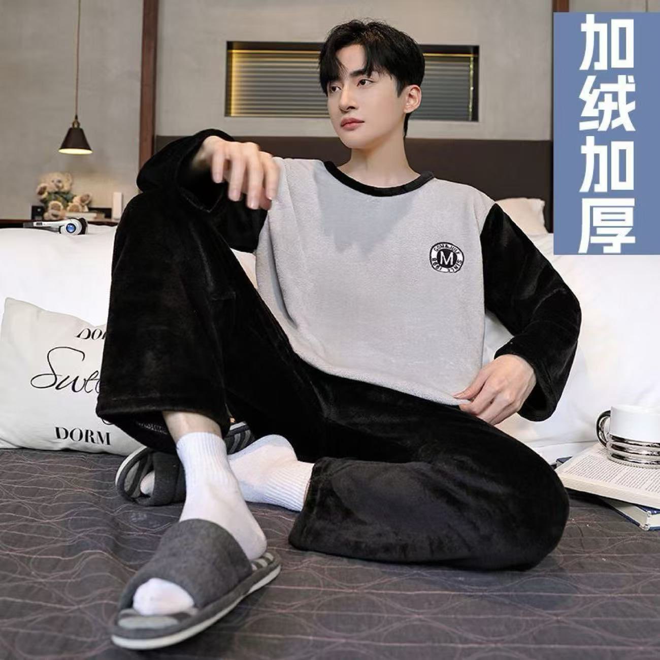 Pijama de hombre de coral vello de invierno otoño hoodie casual hombre invierno cálido franela set de ropa para el hogar