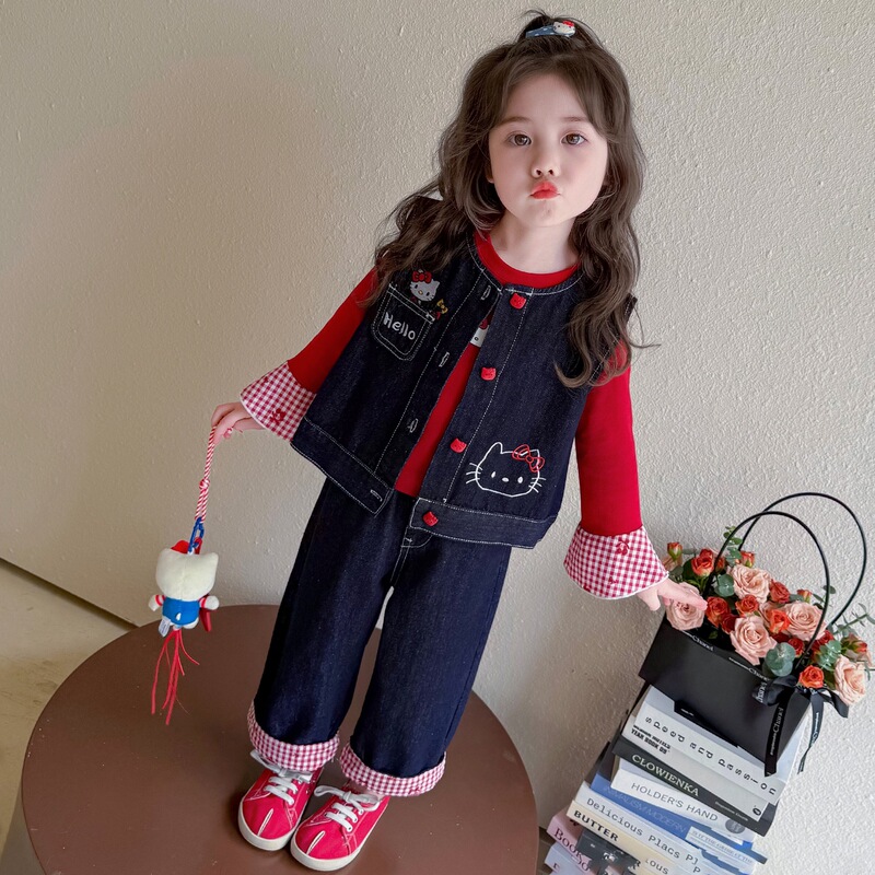 女童牛仔套装秋季2025新款洋气儿童马甲KT猫秋装卡通女宝宝三件套|undefined
