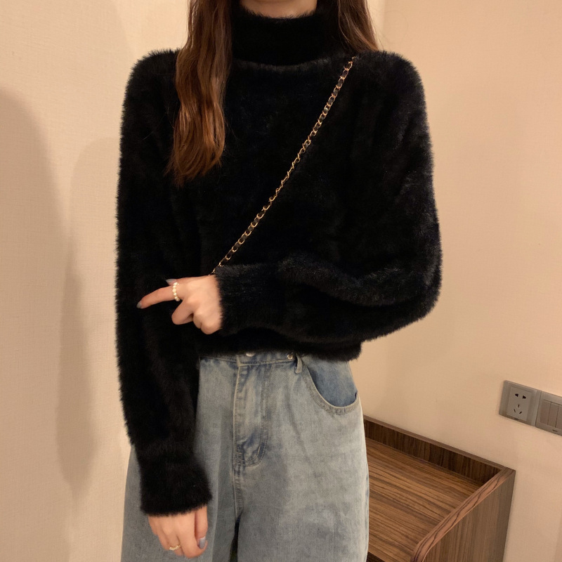 半高领白色加厚打底毛衣女秋冬软糯宽松保暖内搭海马毛针织衫上衣|undefined