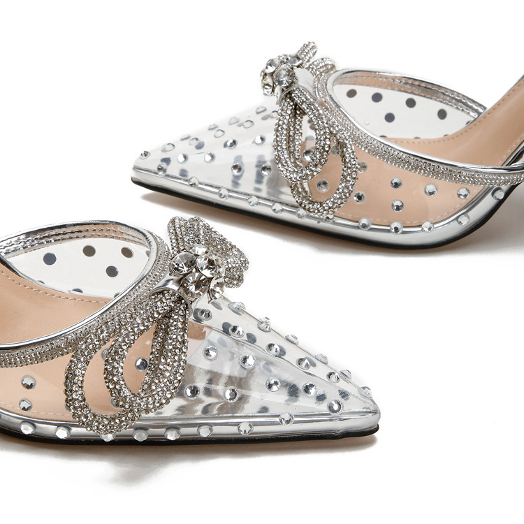 New rhine-diamond transparent high heel sandals women's fine heel pointed high heels with a line with a bun head_voghion.com