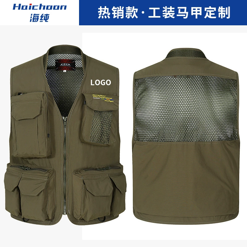 Сетчатый жилет для активного отдыха с принтом логотипа Быстросохнущая дышащая рабочая одежда для экипажа Спасательный жилет с несколькими карманами