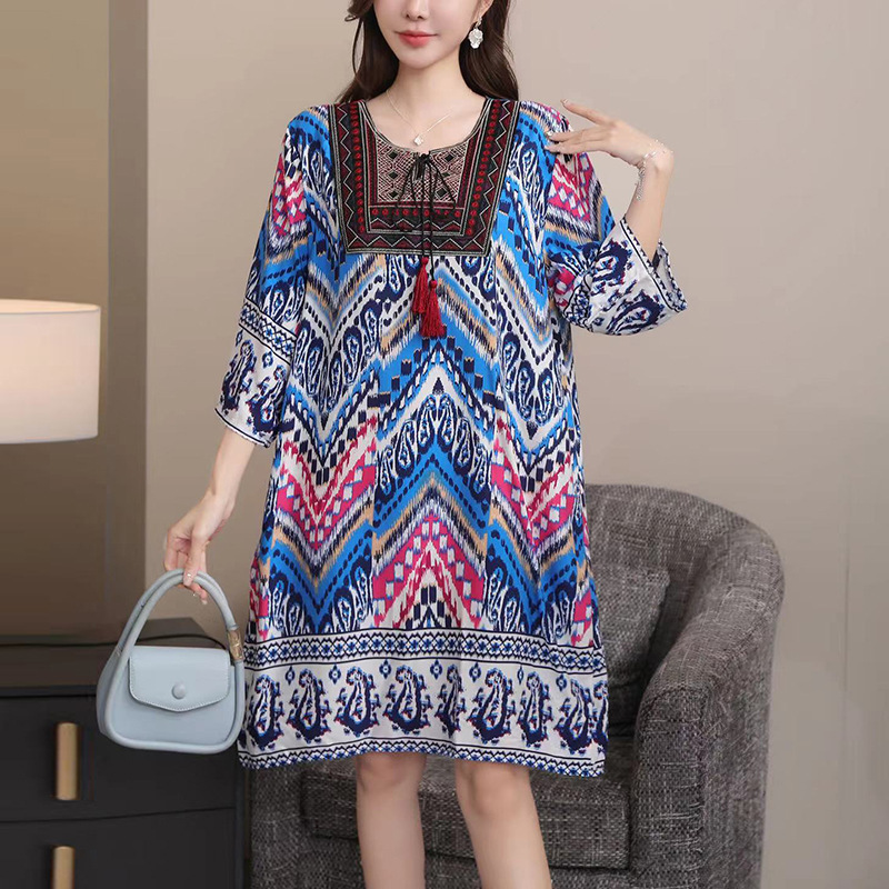 タイ風Aラインコットンワンピース、夏向け、クロスボーダーコットンシルクワンピース、アーティスティックレトロエスニック風婦人服