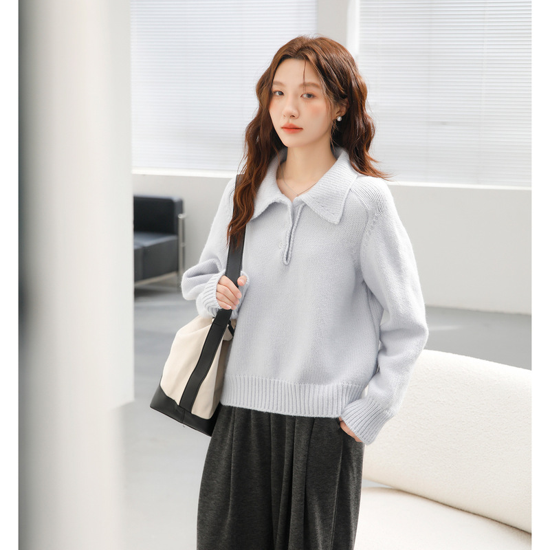 Polo Collar Soft and Loose Lazy Style Knit Sweater 2026 New Winter Thick Coarse Knit Sweater Coat for Women