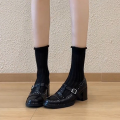 牛皮版~新款小众铆钉T字扣玛丽珍乐福鞋女圆头粗跟通勤时尚小皮鞋