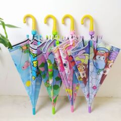 メーカー卸売り子供傘漫画幼稚園長柄自動挟み防止手児童傘透明漫画晴傘