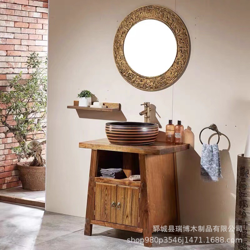 Old Elm Bathroom Cabinet Solid Wood Floor-Standing Bathroom Sink New Chinese Style Bathroom Sink Washbasin Cabinet