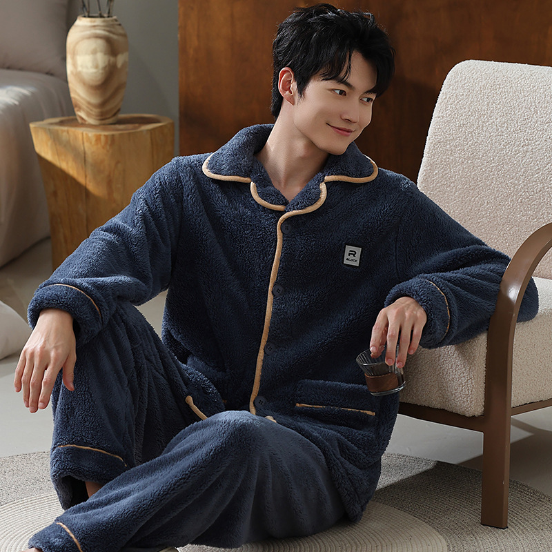 [Selección estricta] otoño y invierno de terciopelo de coral para hombres pijamas de abrigo de manga larga orquídea se pueden usar fuera