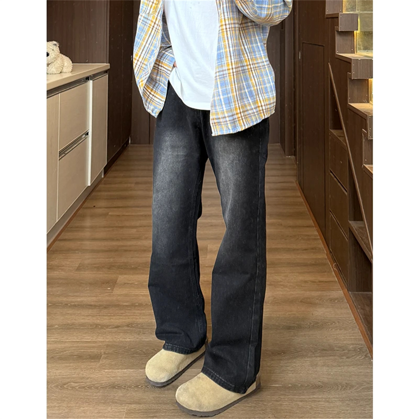 American High Street Vibe High Waist Pants Men's Spring Retro Blue Scimitar Jeans Washed Straight Pants_viptrois.com