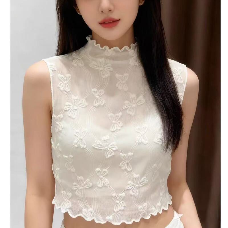 Mesh lace half-high collar sleeveless base shirt for women, autumn and winter layering, with ruffled trim, apricot color, inner wear, faux collar vest Mesh lace half-high collar sleeveless base shirt for women, autumn and winter layering, with ruffled trim, apricot color, inner wear, faux collar vest