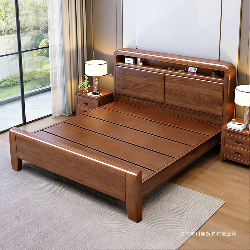 Chinese-Style Walnut Wood Mortise and Tenon Bed with Night Light, Multifunctional Storage Bed, Home Bedroom Wedding Bed, Small Apartment Double Bed