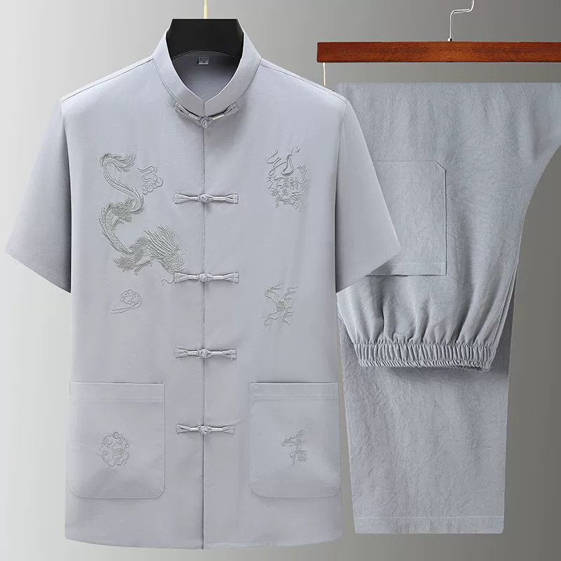 Летний костюм с короткими рукавами для мужчин среднего и пожилого возраста, костюм Тан, свободная рубашка большого размера, костюм для папы с короткими рукавами, одежда для дедушки.