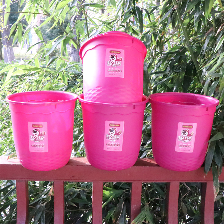 Thickened Plastic Strawberry Bear Cartoon Pressure-Free Trash Can, Large Lidless Storage Bin, Drop-Resistant Sanitary Bin, Wastebasket