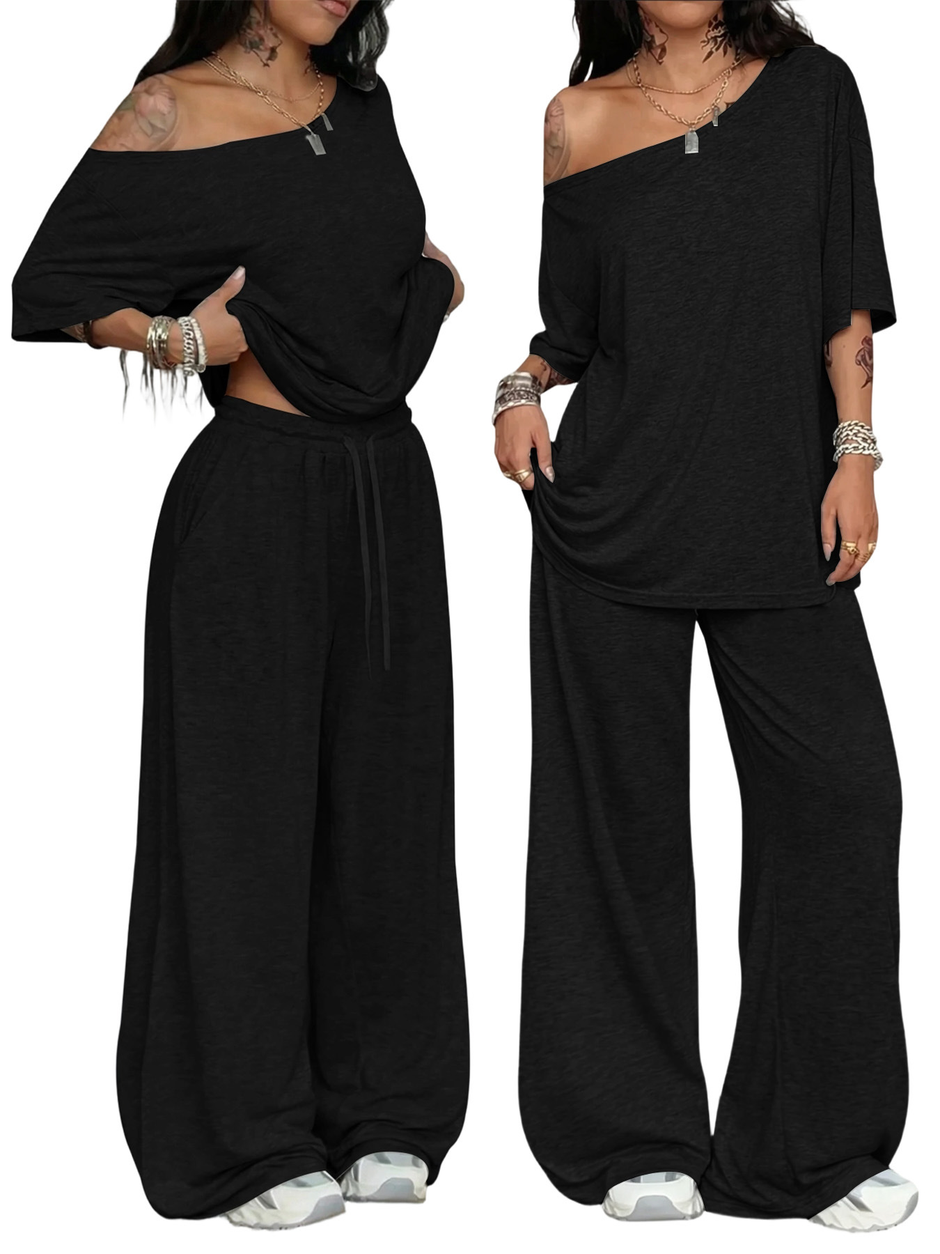 Women's Pant Sets Solid Color Casual Loose Wide Leg Two Piece Suit_voghion.com