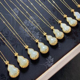 Yuhai Jewelry Natural Hetian Jade Gold Inlaid Jade Green White Jade Gourd Pendant Necklace S925 Silver Gold Plated Inlaid Pendant
