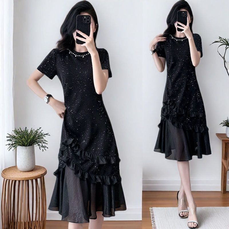Beaded Short-Sleeved Dress Summer High-End Korean Style New Design Black Round Neck 2025 Spliced Fishtail Skirt Beaded Short-Sleeved Dress Summer High-End Korean Style New Design Black Round Neck 2025 Spliced Fishtail Skirt