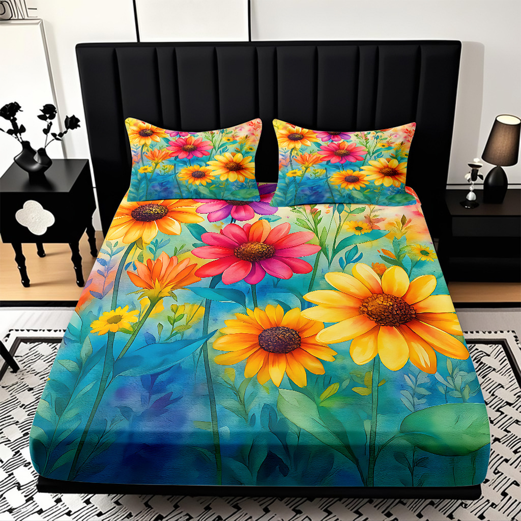 Comercio exterior transfronterizo textil doméstico patrón de girasol impresión digital 3D cama de molienda de tres piezas JIT modelo Temu
