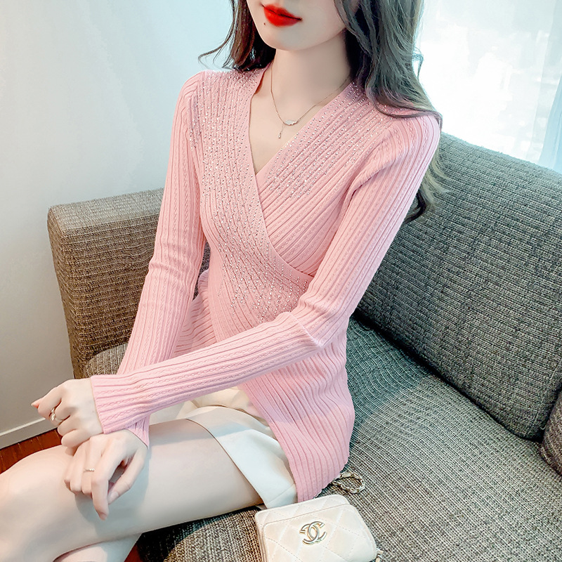 스웨터 사용자 정의 2023 불규칙한 핫 다이아몬드 디자인 니트 바닥 스웨터 가을, 겨울 다목적 서양식 풀오버 긴 소매