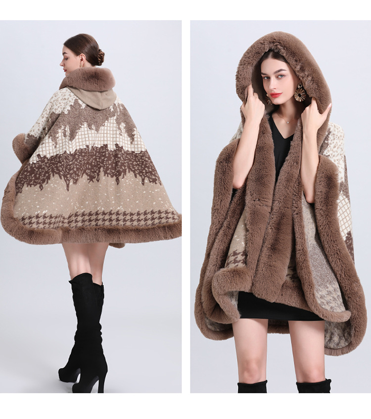 Jacquard Fransen Kapuzenumhang Cape locker gestrickte Strickjacke Übergröße Wollmantel_voghion.com