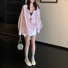欧阳天丝交叉衬衫女夏季新款设计感小众宽松衬衣长袖防晒上衣