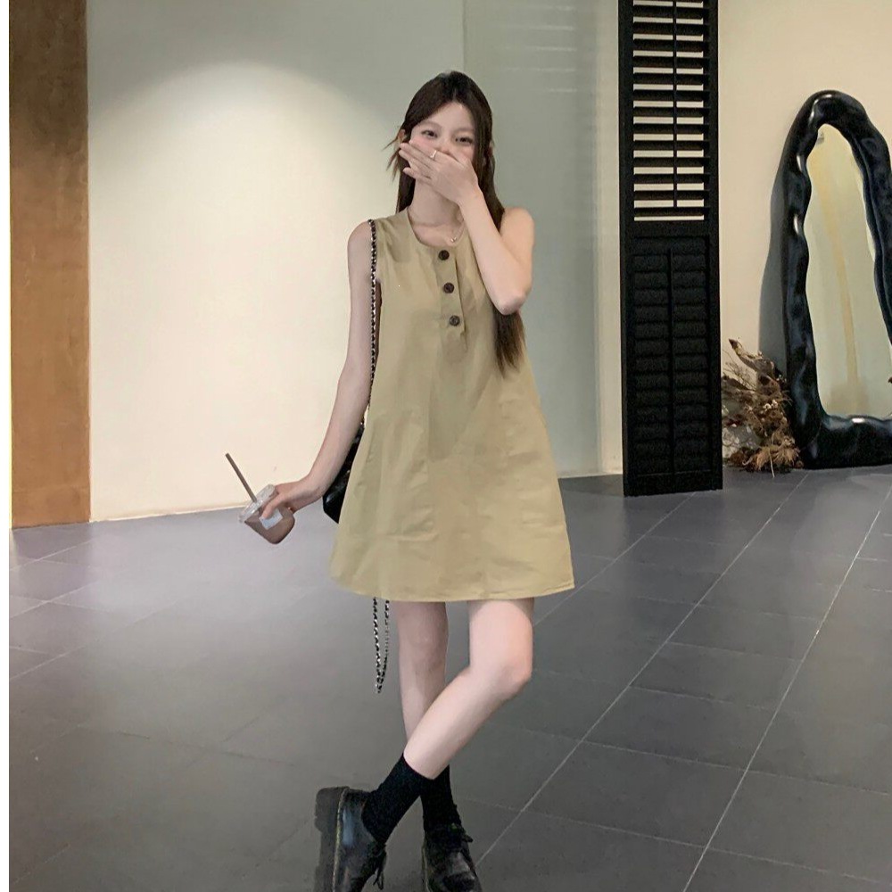 Retro Sleeveless Vest Dress for Women, Summer Khaki Round Neck Dress, Loose Fit, Slimming A-Line Short Dress for Petite Figures