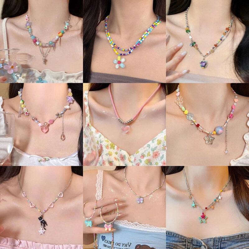 Dopamine Pink Star Beaded Necklace for Women Summer Y2K Sexy Cute Versatile Accessories Design Sweet and Cool Collarbone