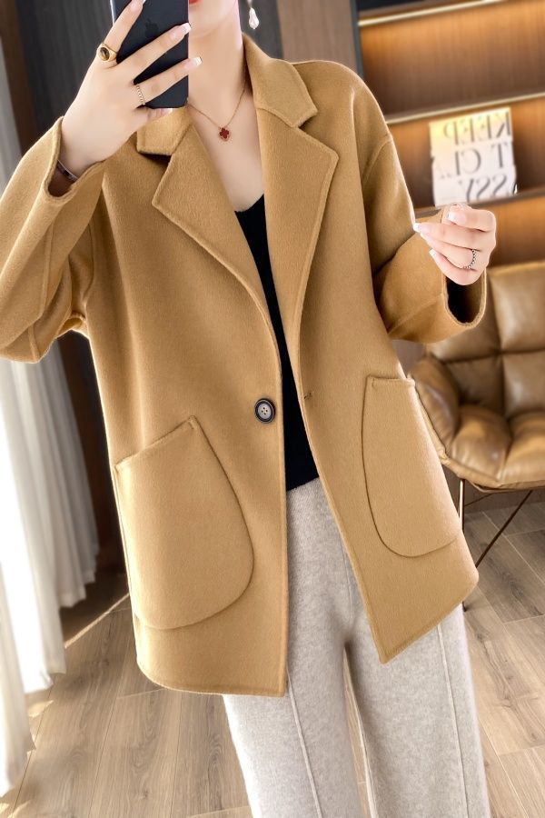 Wool Double-Sided Woolen Coat for Middle-Aged and Elderly Mothers, Korean Style Cocoon-Shaped Large Size Loose Simple Short Slim Coat