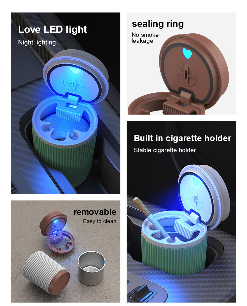 Car Ashtray with Light, One-Click Opening Lid, Luminous Alloy Liner Ashtray, Coffee Cup Beverage Led