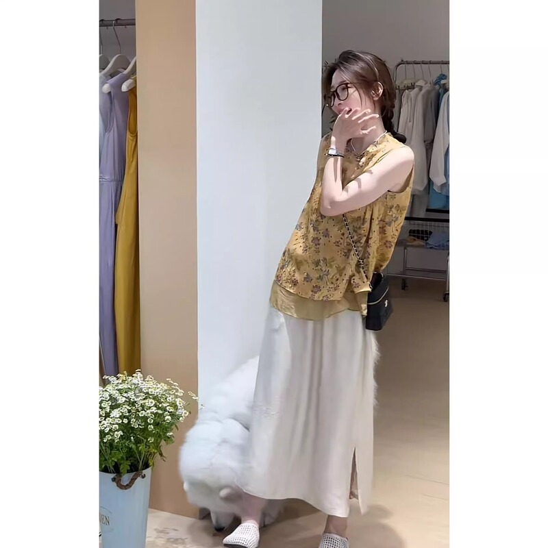 夏季宽松设计感女装2025新款新中式气质无袖上衣开叉半身裙两件套|undefined