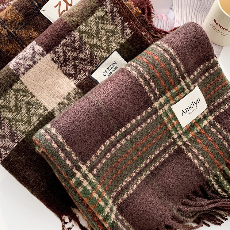 High-grade Maillard Cashmere Plaid Scarf Women's Winter Korean-style All-match Warm Retro brown Shawl Scarf