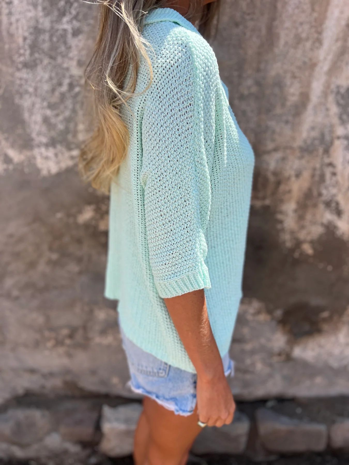 Damen-Sommer-Strickpullover mit Kragen, Dreiviertelärmeln, einfarbig_voghion.com