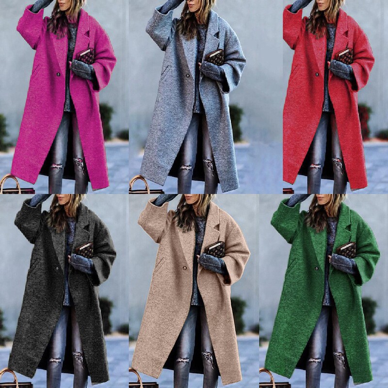 European and American Autumn and Winter Long Woolen Coat Color Elegant Commuter No Belt Lapel Loose Woolen Green Coat for Women