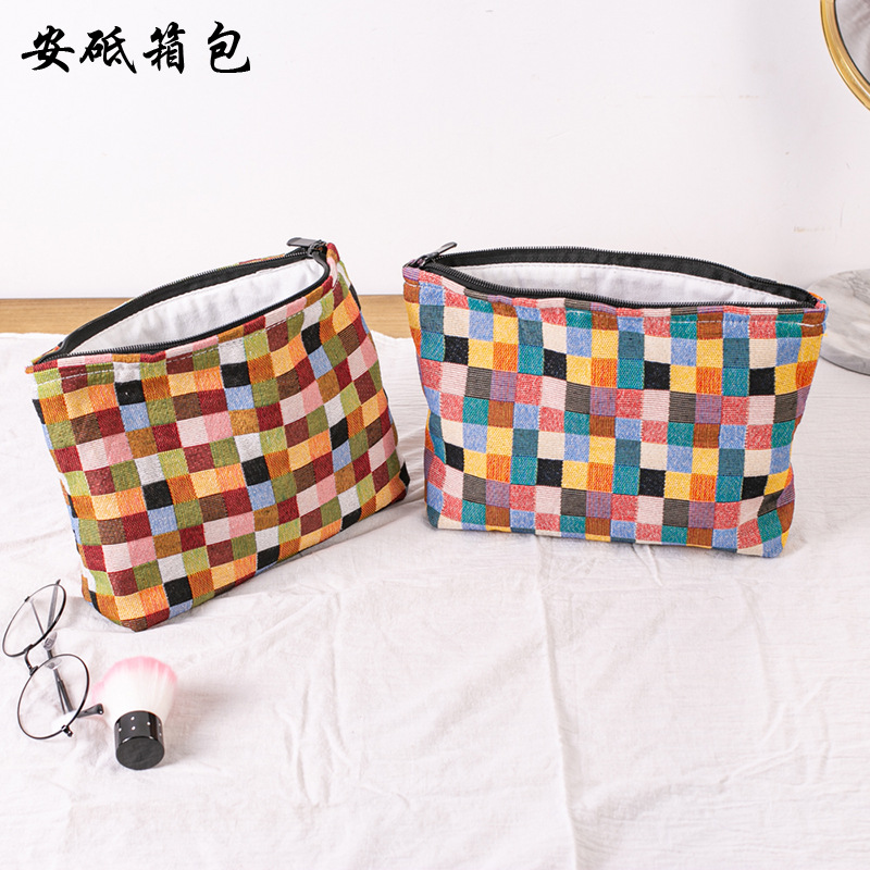 源頭工廠新款格子大容量帆布化妝包清新馬賽克洗漱包便攜化妝品包
