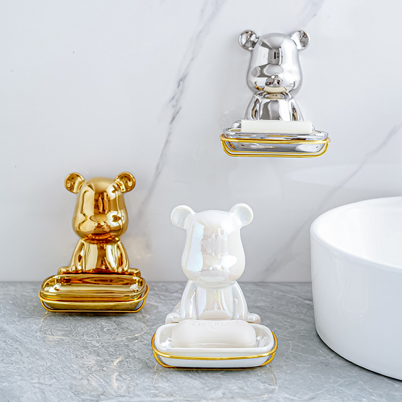 Luz nórdica de lujo ins Oso de cerámica caja de jabón titular de plato de jabón caja de jabón de almacenamiento montado en la pared del baño del hogar