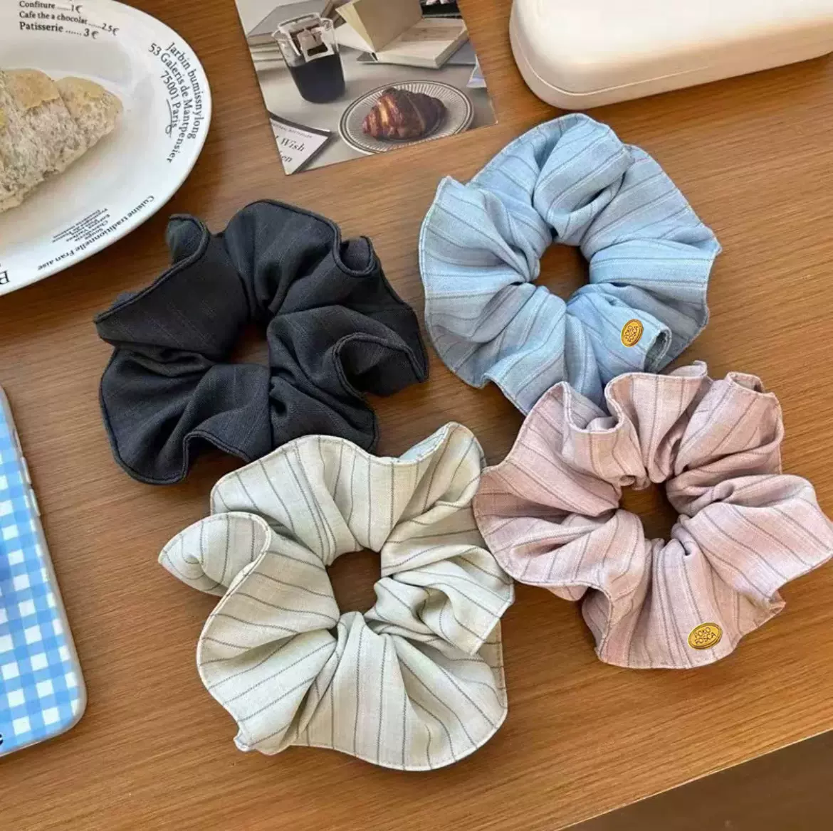 日韩清新学院风竖条纹大肠发圈ins风百搭气质粘标时尚发绳发饰女