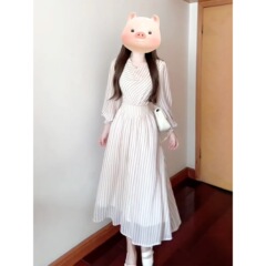 法式复古条纹长袖连衣裙子女早秋季2025新款今年流行海边度假长裙